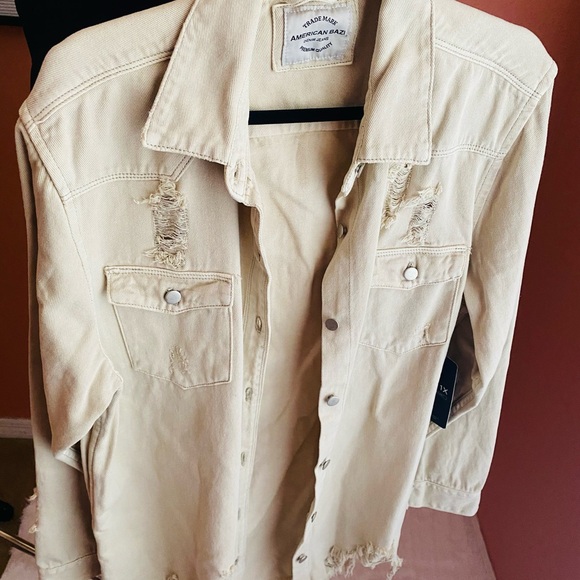 American Bazi Full Size Distressed Button Down Denim Jacket in Sand - Picture 9 of 11